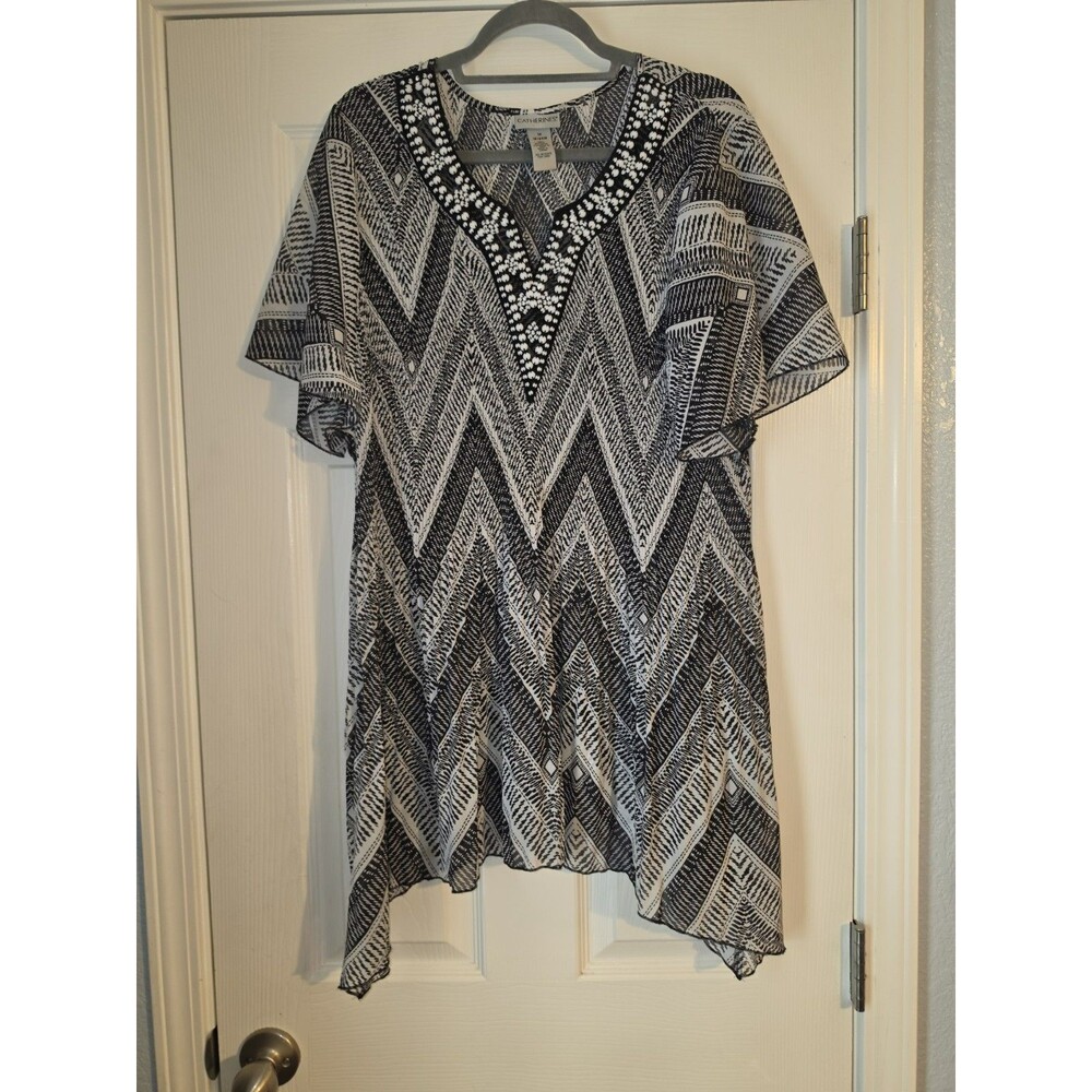 Catherines Chiffon Beaded Tunic Sz 1X Resort Vacation Beach Coverup Black White